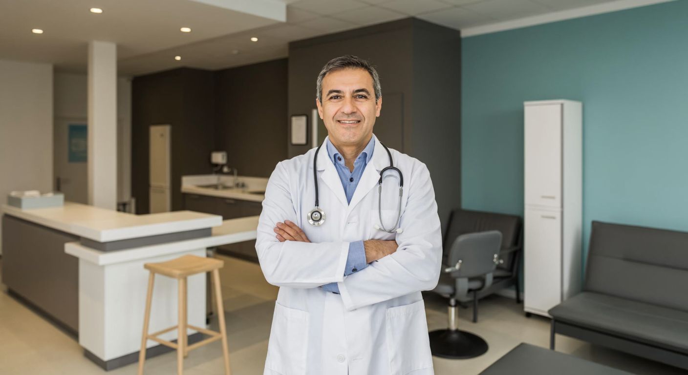 A middle-aged Turkish-German doctor in a white coat stands confidently in a modern clinic in Hannover, with a warm smile and a stethoscope around his neck, surrounded by clean medical equipment and a neutral waiting area.