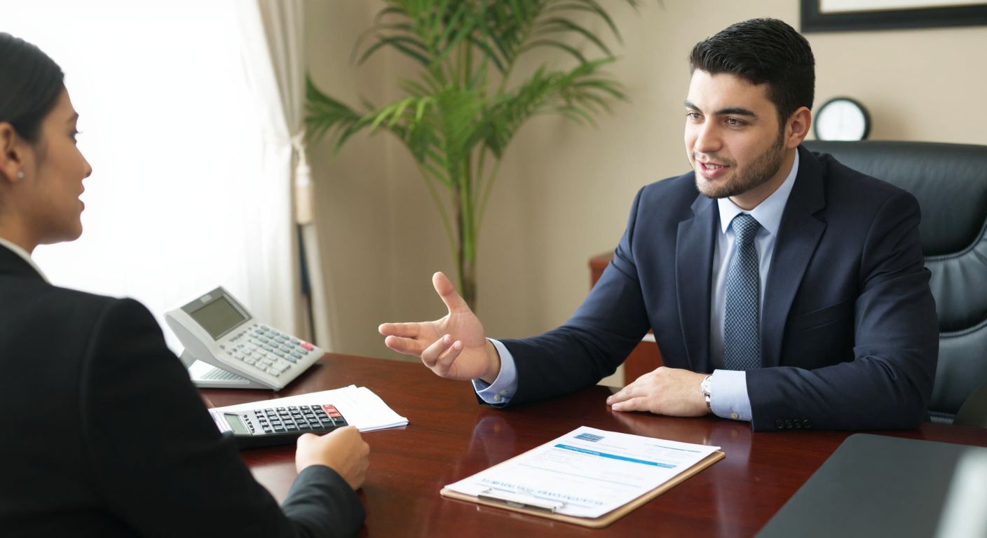 A Turkish insurance agent in a formal office setting confidently explains policy details to a relieved client, with a car accident claim file and a calculator on the desk between them.