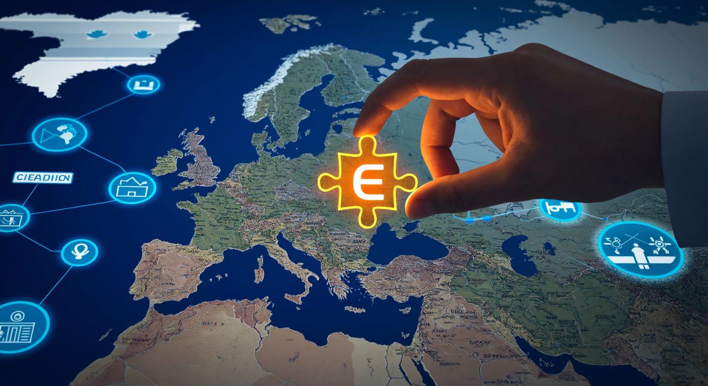 A hand holding a glowing puzzle piece shaped like "CEE" over a map of Europe with highlighted regions, surrounded by floating icons representing economy, medicine, and military equipment.