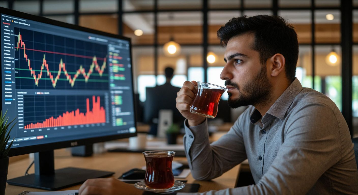 A Turkish investor in a modern office gazes intently at a stock market graph on a monitor, showing a sharp peak labeled with the highest point of FORTE shares, while sipping a cup of traditional Turkish tea.
