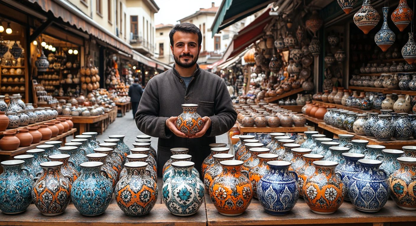 A vibrant Turkish bazaar scene where a merchant proudly displays a unique handcrafted ceramic vase among rows of identical pottery, symbolizing differentiation strategy through distinctiveness and craftsmanship.