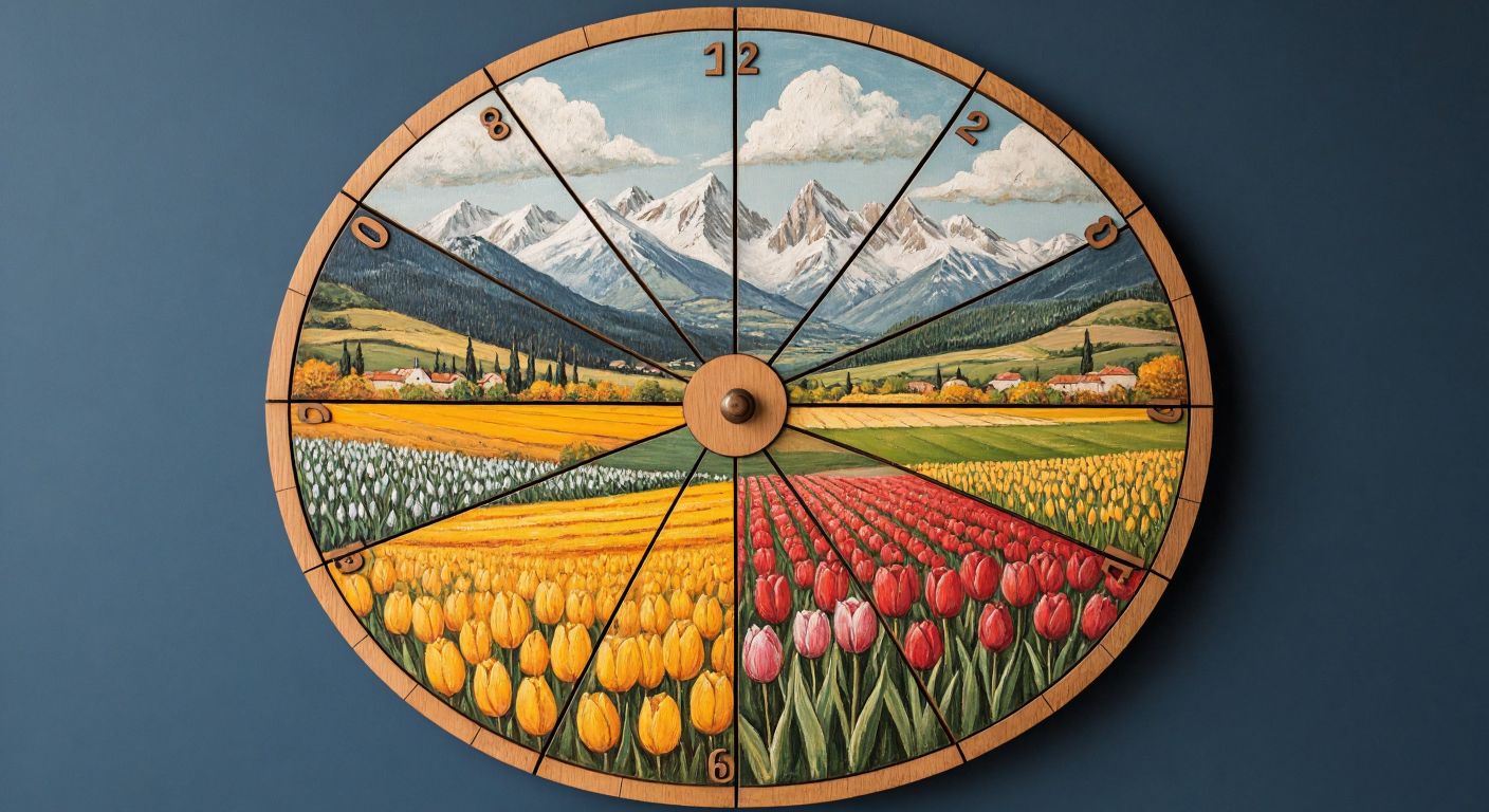 A circular wooden calendar divided into twelve equal segments, each painted with a seasonal Turkish landscape—snowy mountains for January, blooming tulips for April, golden wheat fields for August, and citrus orchards for December.