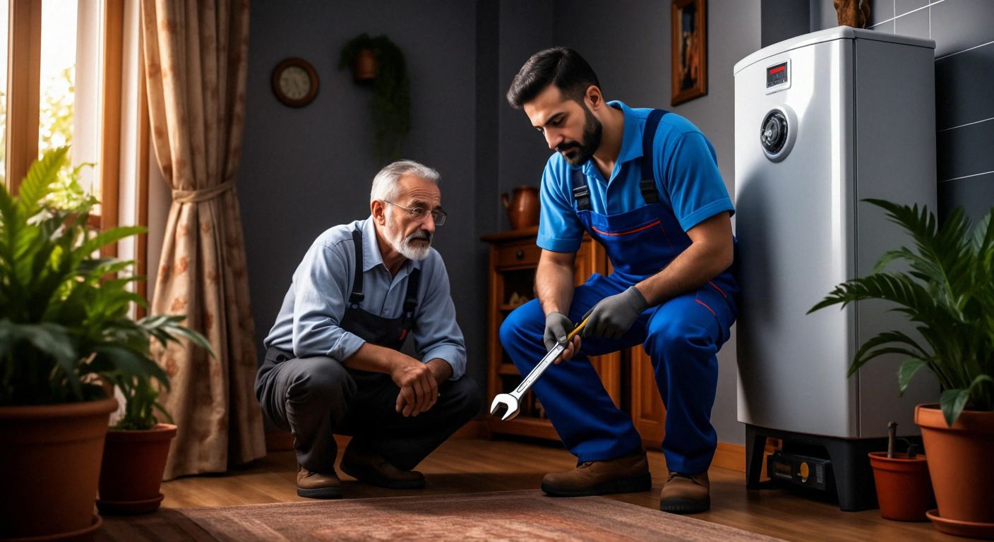 A skilled Turkish tradesman in a blue work uniform carefully inspects a wall-mounted boiler in a cozy home, holding a wrench while a relieved elderly homeowner watches nearby.