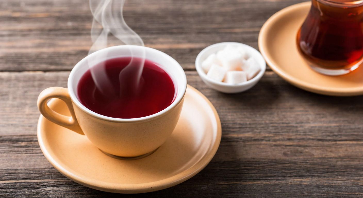 A steaming ceramic cup filled with deep red tea, placed on a rustic wooden table with a small bowl of sugar cubes and a traditional Turkish tea glass nearby, evoking warmth and comfort.