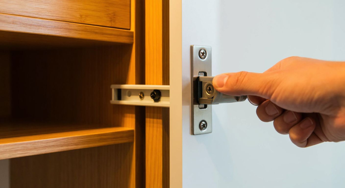 A close-up of a hand adjusting a sliding cabinet door's brake mechanism in a modern Turkish kitchen, with a warm wooden cabinet and soft lighting reflecting a calm, focused atmosphere.