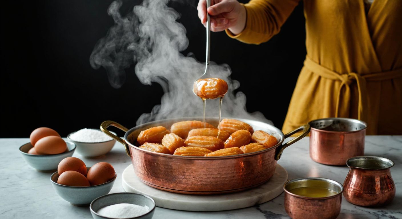 A Turkish kitchen scene with golden, crispy tulumba pastries frying in a deep copper pot, steam rising as a hand pours cold syrup over them, surrounded by bowls of cornstarch and eggs on a marble counter.