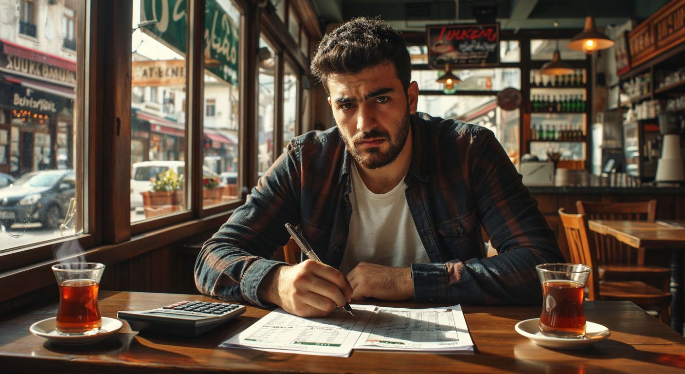A focused Turkish man in a casual café setting, holding a pen over a betting slip with a calculator nearby, looking slightly puzzled while surrounded by steaming cups of çay.