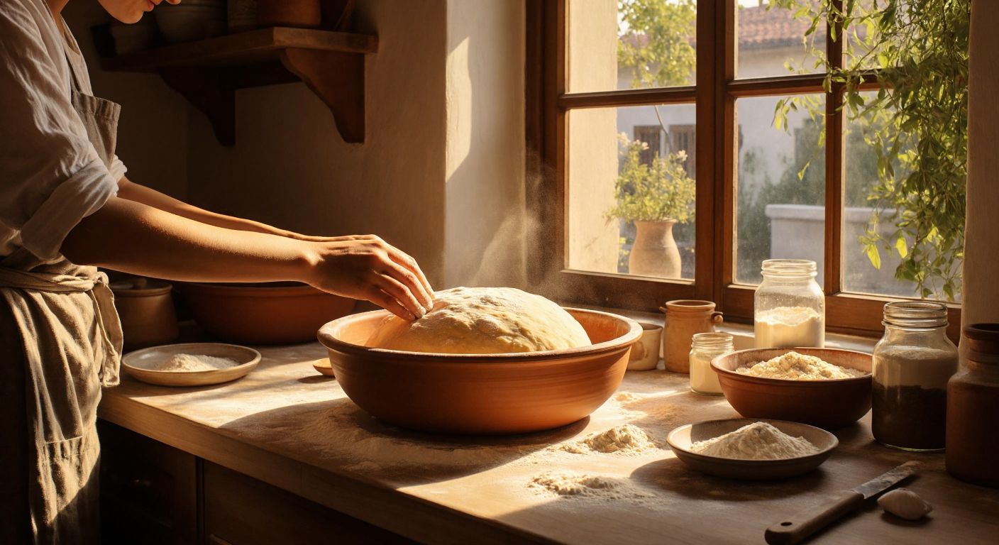A warm, sunlit Turkish kitchen with a wooden countertop, where hands knead a smooth, golden bread dough in a large ceramic bowl, surrounded by scattered flour, a jar of yeast, and a small bowl of olive oil.