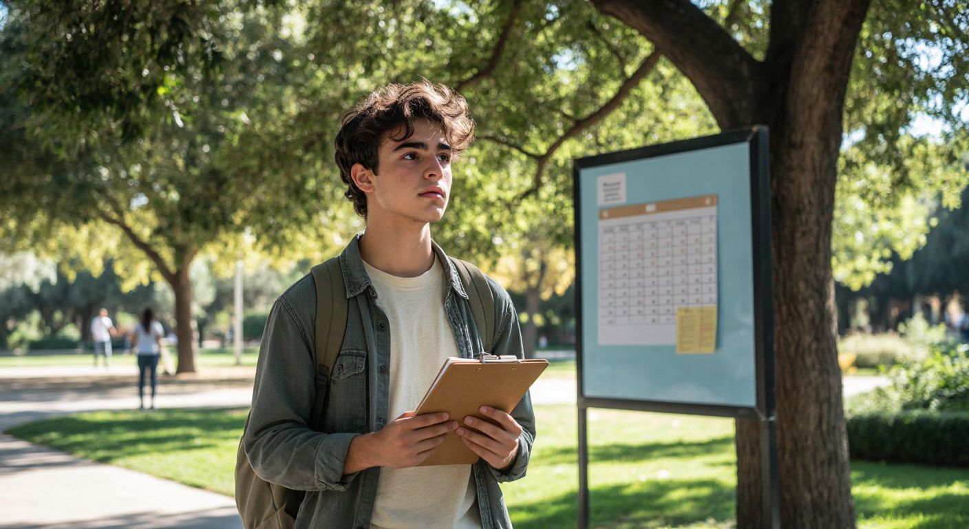A young student in a casual outfit stands on the sunny campus of Ege University, holding a notebook and looking slightly puzzled while glancing at a large academic calendar pinned to a bulletin board under a leafy tree.