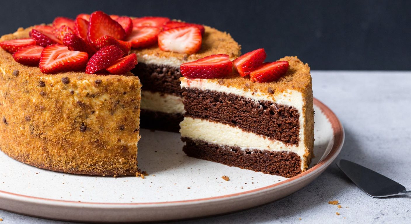 A golden-brown chocolate sponge cake layered with creamy vanilla-cocoa filling, topped with fresh strawberries, and sliced to reveal vibrant fruit layers, placed on a rustic Turkish ceramic plate.