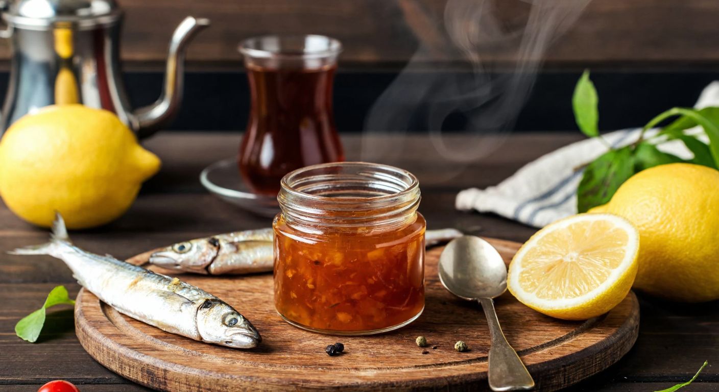 A rustic wooden table in a cozy Black Sea kitchen holds a small glass jar of amber-colored hamsi jam, surrounded by fresh anchovies, lemons, and a spoon, with a traditional Turkish tea set steaming nearby.