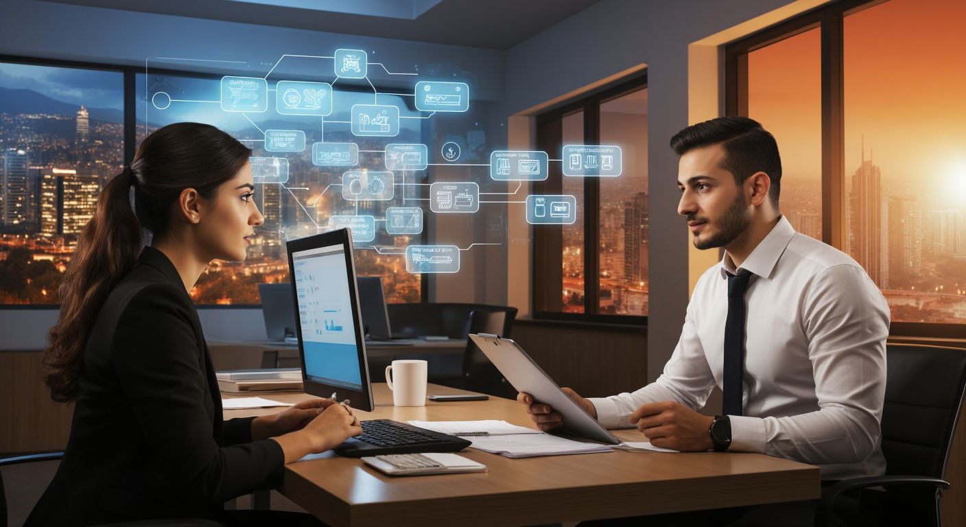 A Turkish customer service representative in a professional setting listens attentively to a concerned customer, while a flowchart-style illustration of steps (without text) subtly overlays the background, symbolizing the structured complaint-handling process.