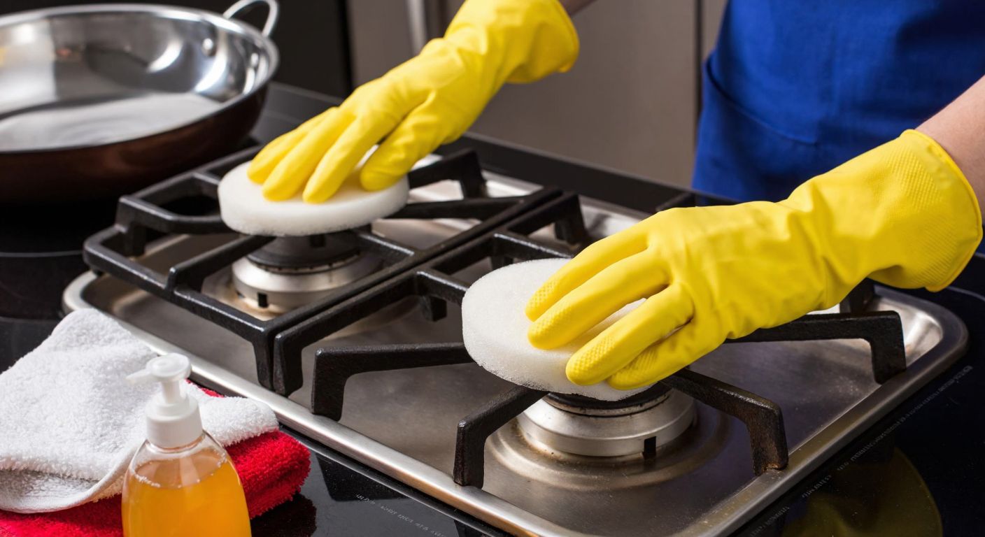A pair of hands wearing yellow rubber gloves scrubbing a cast-iron gas stove burner with a soapy sponge in a Turkish kitchen, surrounded by a bowl of warm water, detergent, and a clean cloth.
