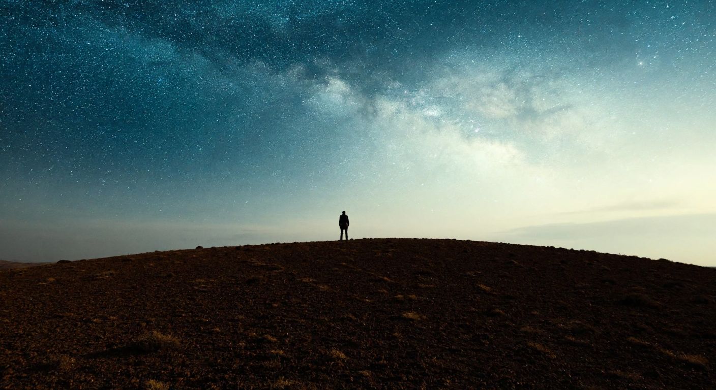 A lone figure stands on a barren, windswept hill in Anatolia, gazing at a vast, star-filled sky with a mix of contemplation and melancholy.