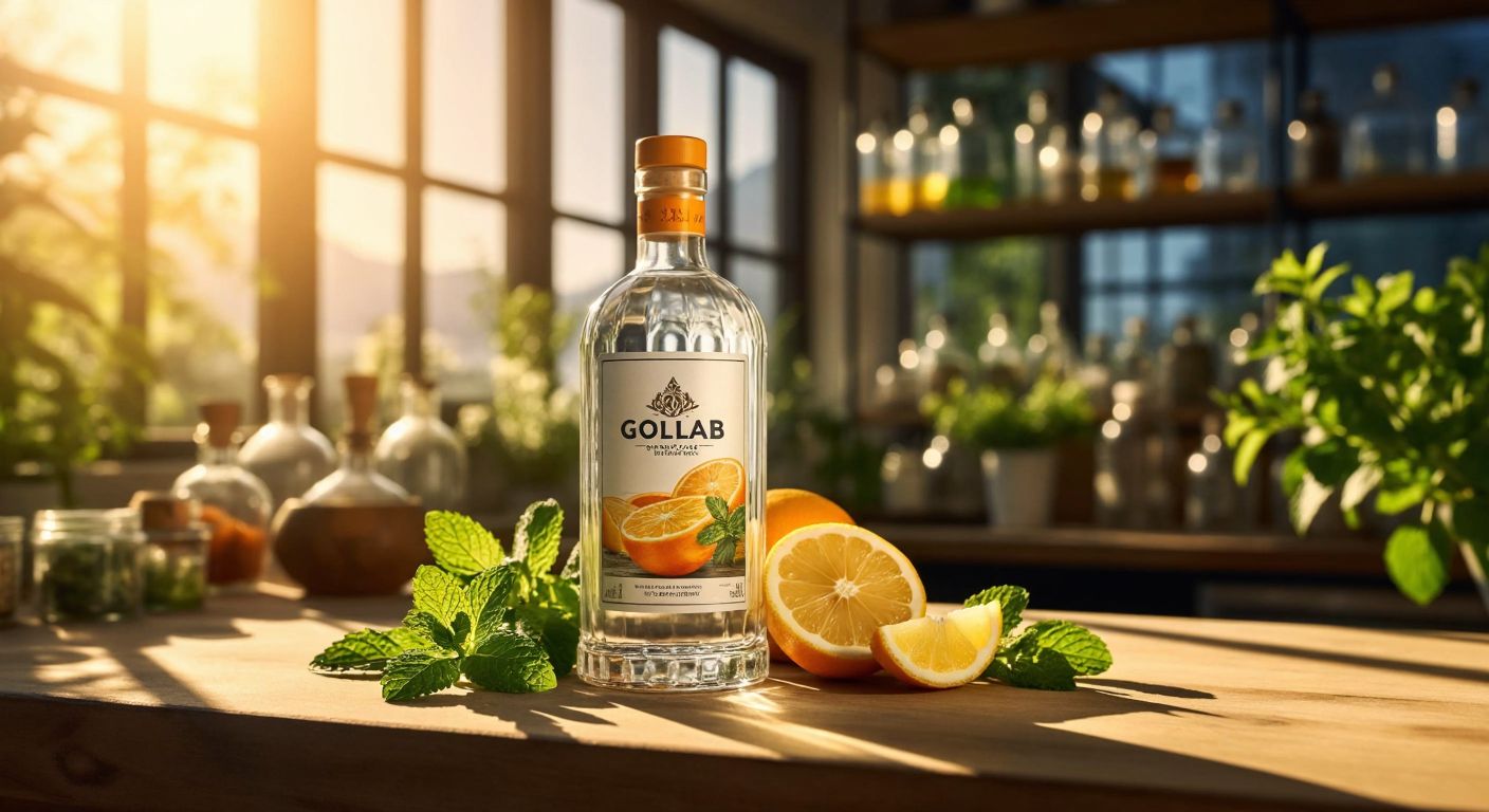 A clear glass bottle of Goldab ethyl alcohol resting on a wooden table in a sunlit Turkish laboratory, surrounded by fresh citrus fruits and mint leaves, symbolizing purity and organic quality.