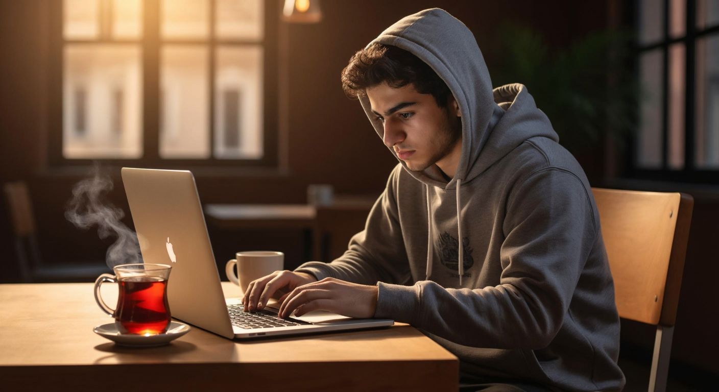 A young Turkish student in a university hoodie sits at a wooden desk, intently typing on a laptop with a focused expression, while a steaming cup of Turkish tea rests beside them, symbolizing the process of accessing an online learning platform.