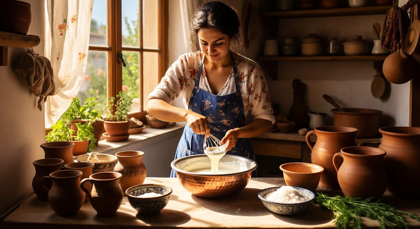 A Turkish woman in a sunlit kitchen wearing a floral apron, vigorously whisking creamy homemade yogurt with fresh water in a copper bowl, surrounded by rustic clay cups and a bowl of coarse salt, her face glowing with pride.