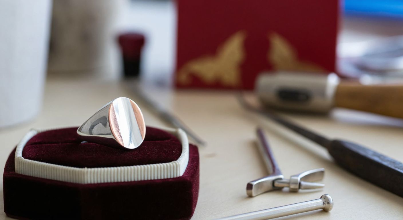 A polished silver ring with a subtle copper hue rests on a velvet-lined jewelry box in a Turkish artisan's workshop, surrounded by delicate silver crafting tools.