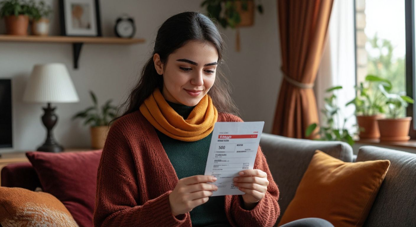 A Turkish woman in a cozy home setting holds a paper electricity bill, pointing to the top section where her customer number is printed, with a smartphone displaying the Sepaş mobile app nearby.