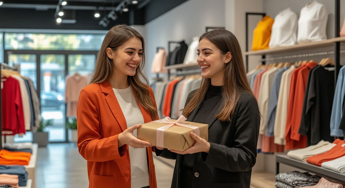 A smiling customer in a modern Turkish clothing store hands a neatly packaged FLO-branded item to a helpful shop assistant, with colorful garments displayed on racks in the background.