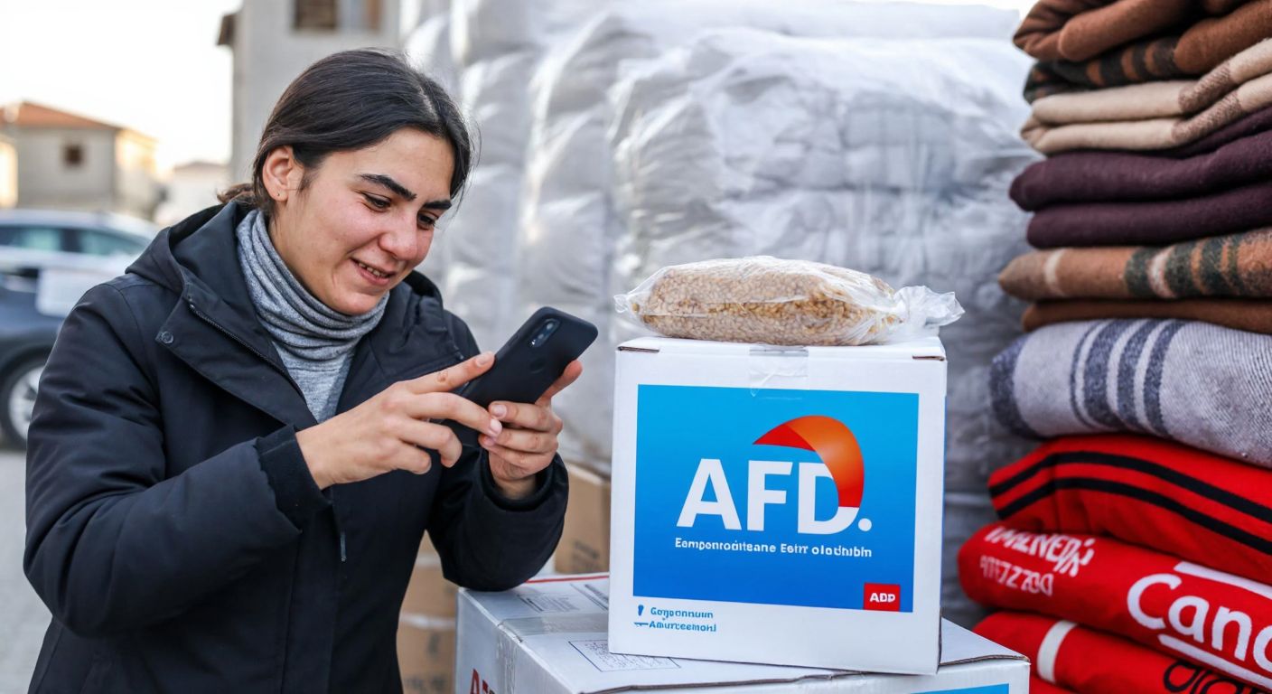 A person in Turkey holding a mobile phone with a compassionate expression, standing near a donation box labeled "AFAD" with a backdrop of emergency relief supplies like blankets and food packages.