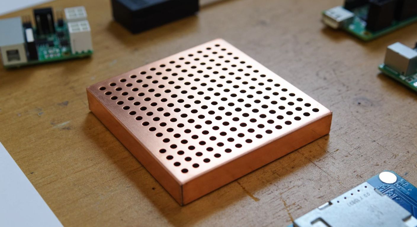 A close-up of a small, square copper perforated board with evenly spaced holes, resting on a wooden workbench with scattered electronic components nearby.