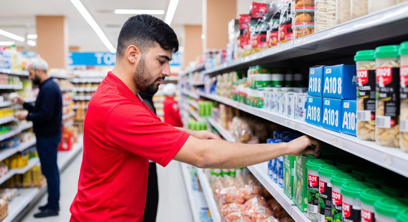 A young, focused Turkish man in a bright red A101 store uniform carefully stacking shelves with groceries in a bustling supermarket aisle.