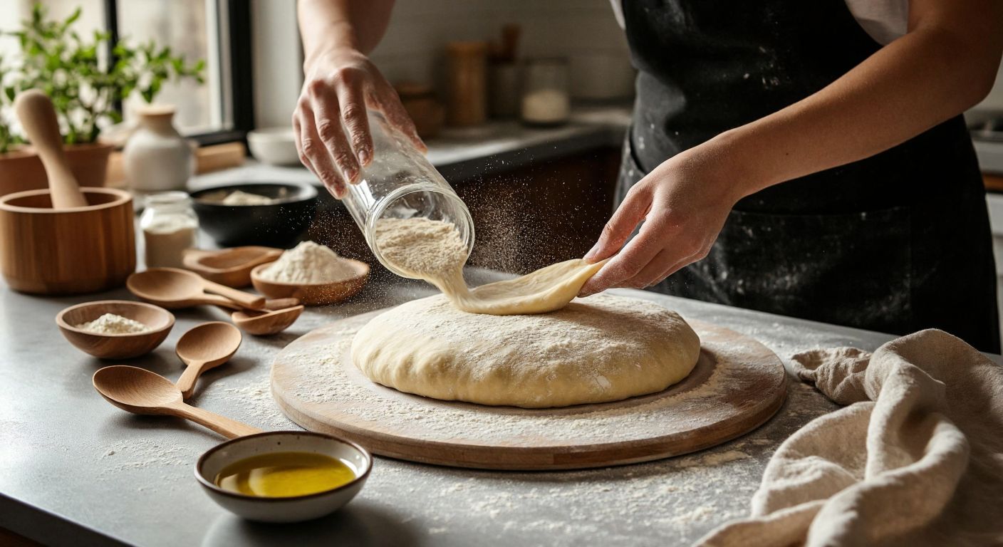 A Turkish kitchen counter with flour-dusted dough being rolled flat using a smooth glass bottle, surrounded by scattered wooden spoons and a small bowl of olive oil.