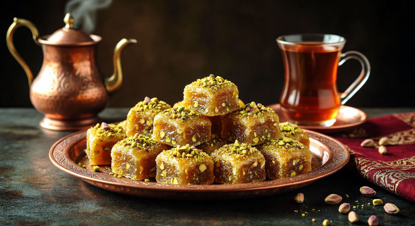 A vibrant tray of golden-brown Turkish delight, generously studded with crushed pistachios, resting on a traditional copper plate beside a steaming cup of Turkish tea in a tulip-shaped glass.