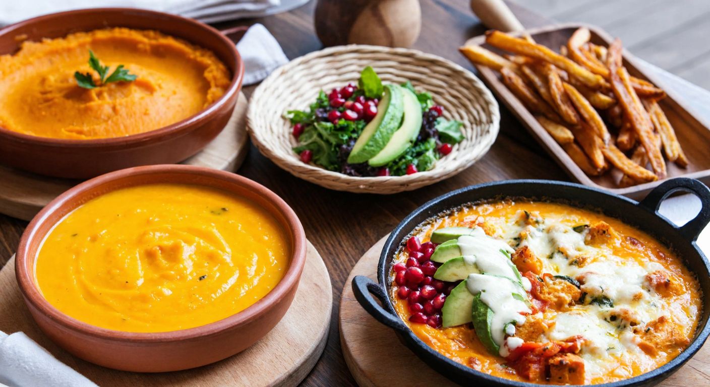 A rustic wooden table in a Turkish kitchen displays vibrant dishes featuring sweet potatoes: a creamy orange mash in a ceramic bowl, golden-brown fries on a woven tray, a colorful salad with avocado and pomegranate seeds, a steaming bowl of velvety soup, and a bubbling gratin with melted cheese.