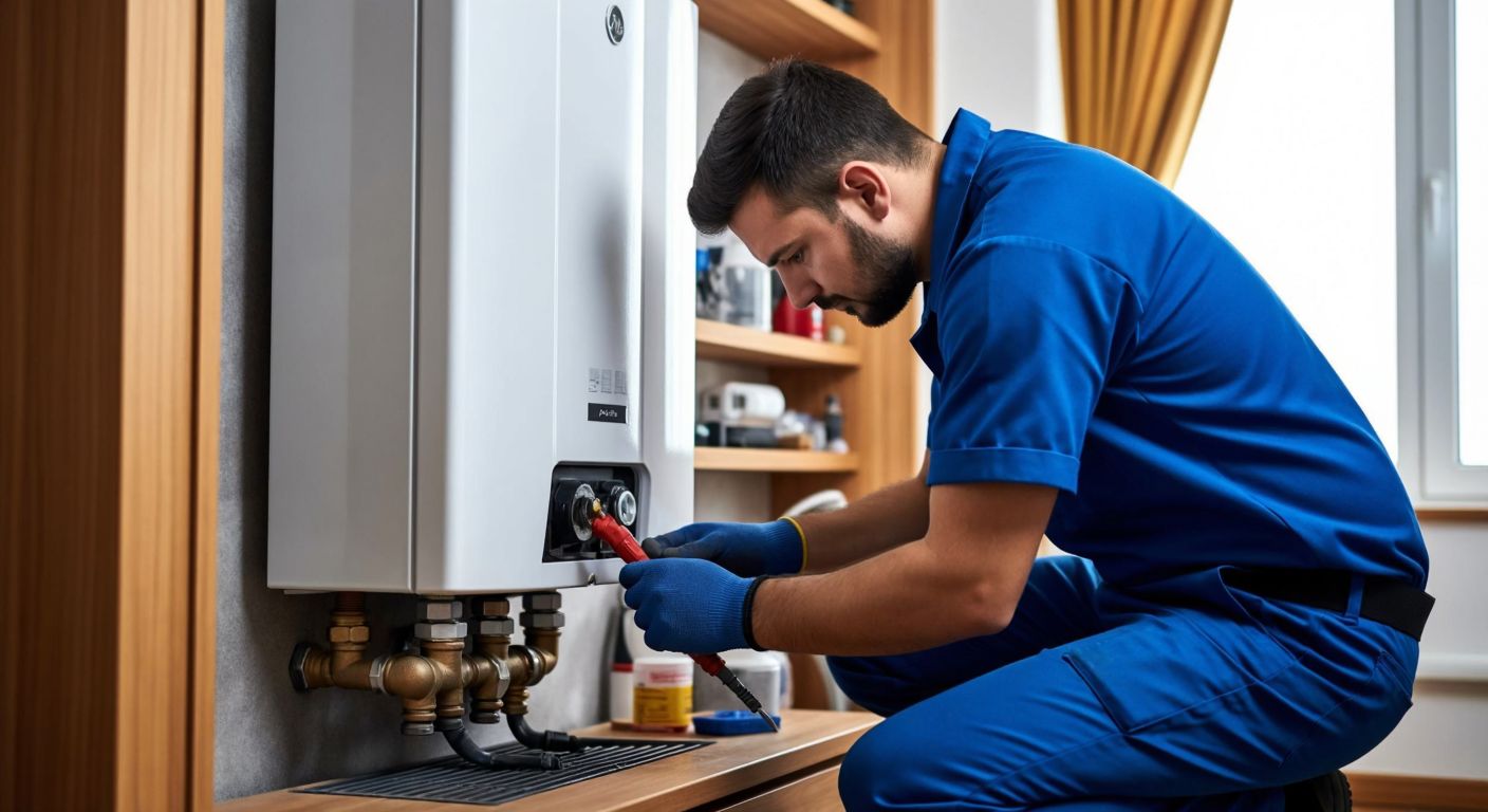 A skilled technician in a blue uniform carefully inspects a wall-mounted boiler in a cozy Turkish home, checking connections and cleaning components with precision tools.