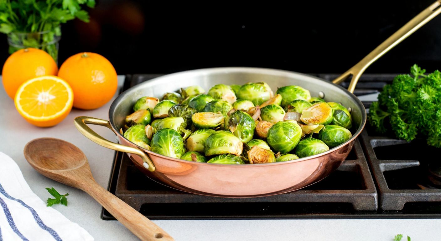 A steaming copper pot on a stovetop holds golden sautéed Brussels sprouts glazed with orange juice, surrounded by halved oranges, fresh herbs, and a wooden spoon resting on a rustic Turkish kitchen counter.