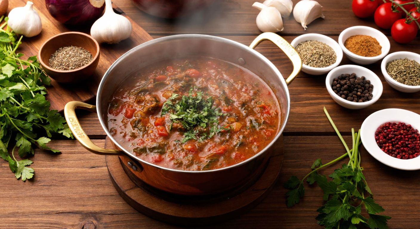 A rustic Turkish kitchen with a steaming pot of *madımak* stew on a wooden table, surrounded by small bowls of cumin, black pepper, and red pepper flakes, with fresh herbs and vegetables nearby.