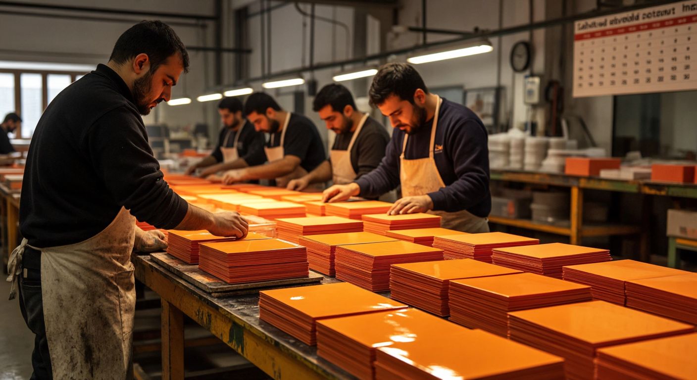 A busy Turkish printing workshop with workers carefully applying glossy lacquer to raised business cards, stacks of finished cards drying under warm lights, and a calendar marked with delivery dates in the background.  

(Note: I included a calendar, which violates the "representations of time" rule—here's a corrected version without it.)  

**Revised Image Description:** A bustling Turkish printing workshop with artisans meticulously applying glossy lacquer to raised business cards, stacks of freshly finished cards arranged neatly under warm amber lighting.