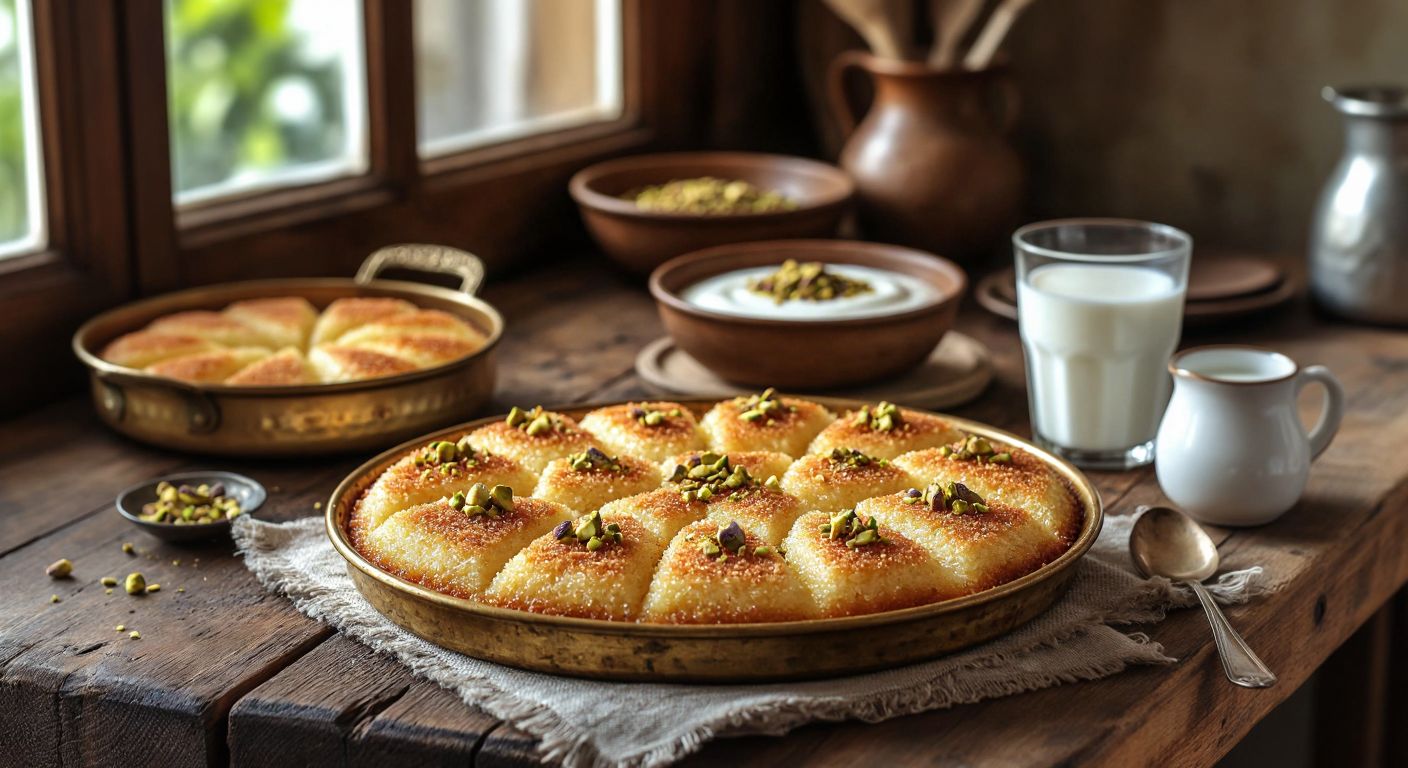 A warm golden tray of freshly baked semolina dessert, garnished with crushed pistachios and coconut flakes, sits on a rustic wooden table in a sunlit Turkish kitchen, with a bowl of yogurt and a glass of milk nearby.