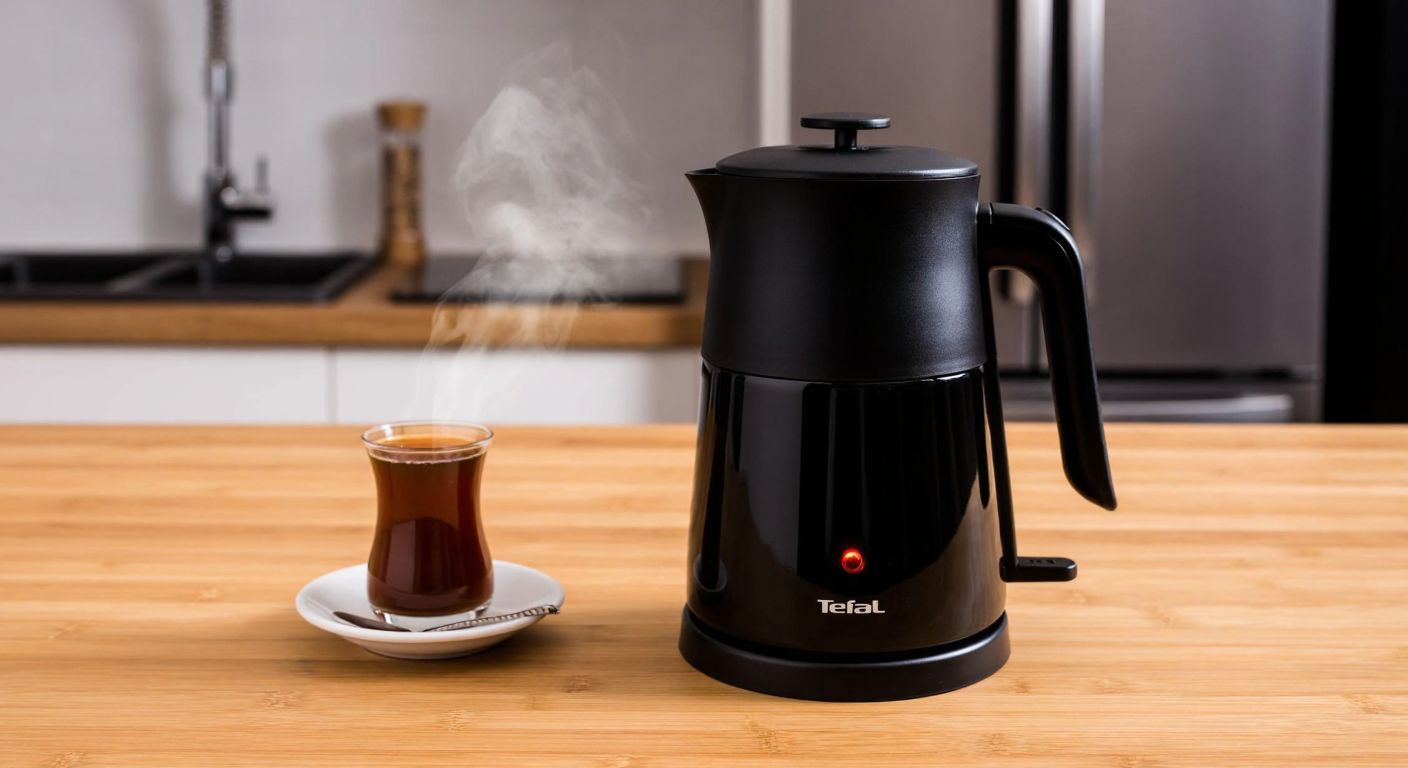 A sleek black Tefal Turkish coffee maker sits on a wooden kitchen counter, steam rising from its spout, with a small traditional Turkish coffee cup and saucer beside it, evoking warmth and comfort.