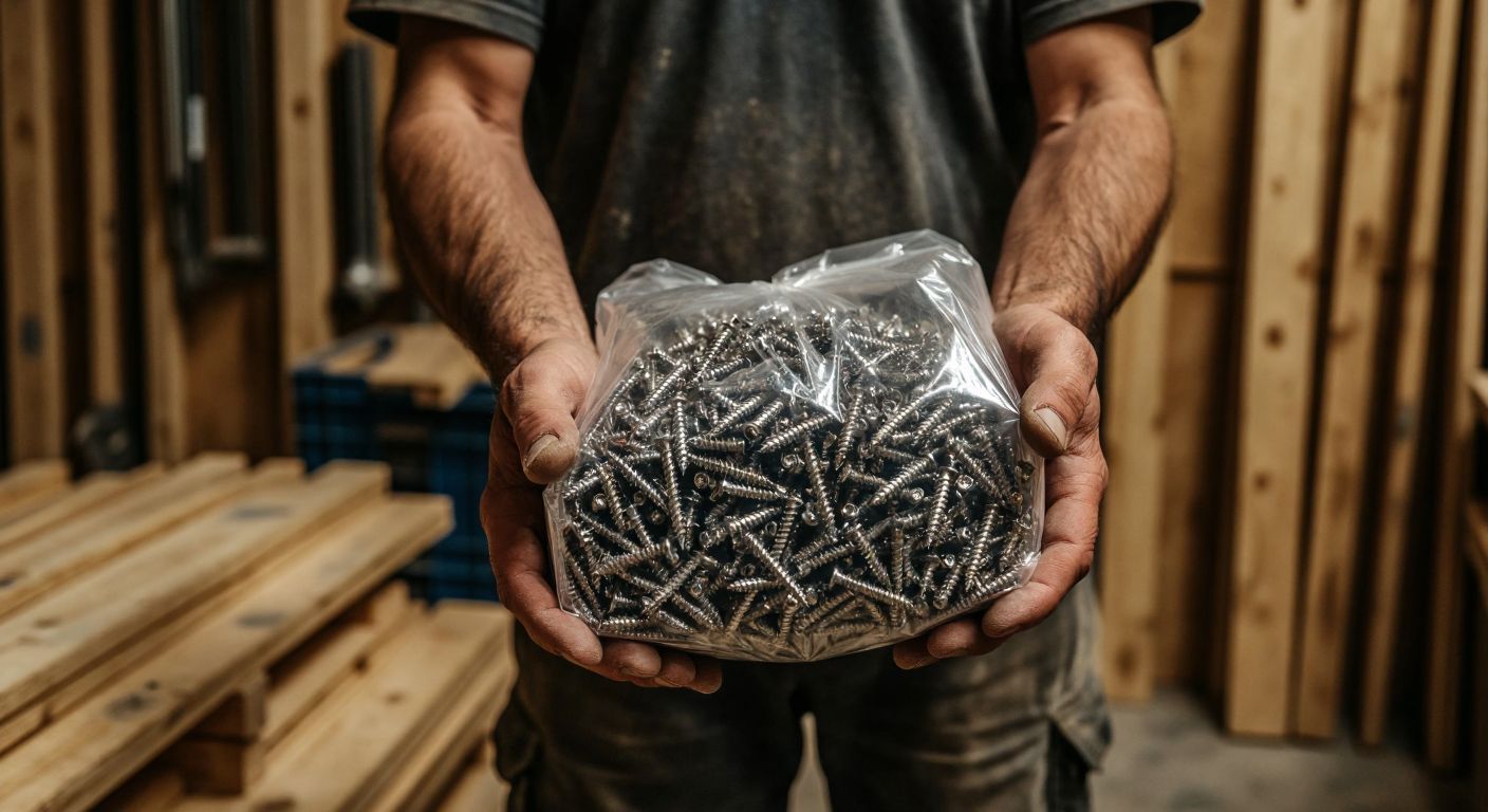A Turkish carpenter's rough hands holding a large, clear plastic bag filled with hundreds of small, shiny wood screws against a backdrop of unfinished plywood in a dimly lit hardware store.