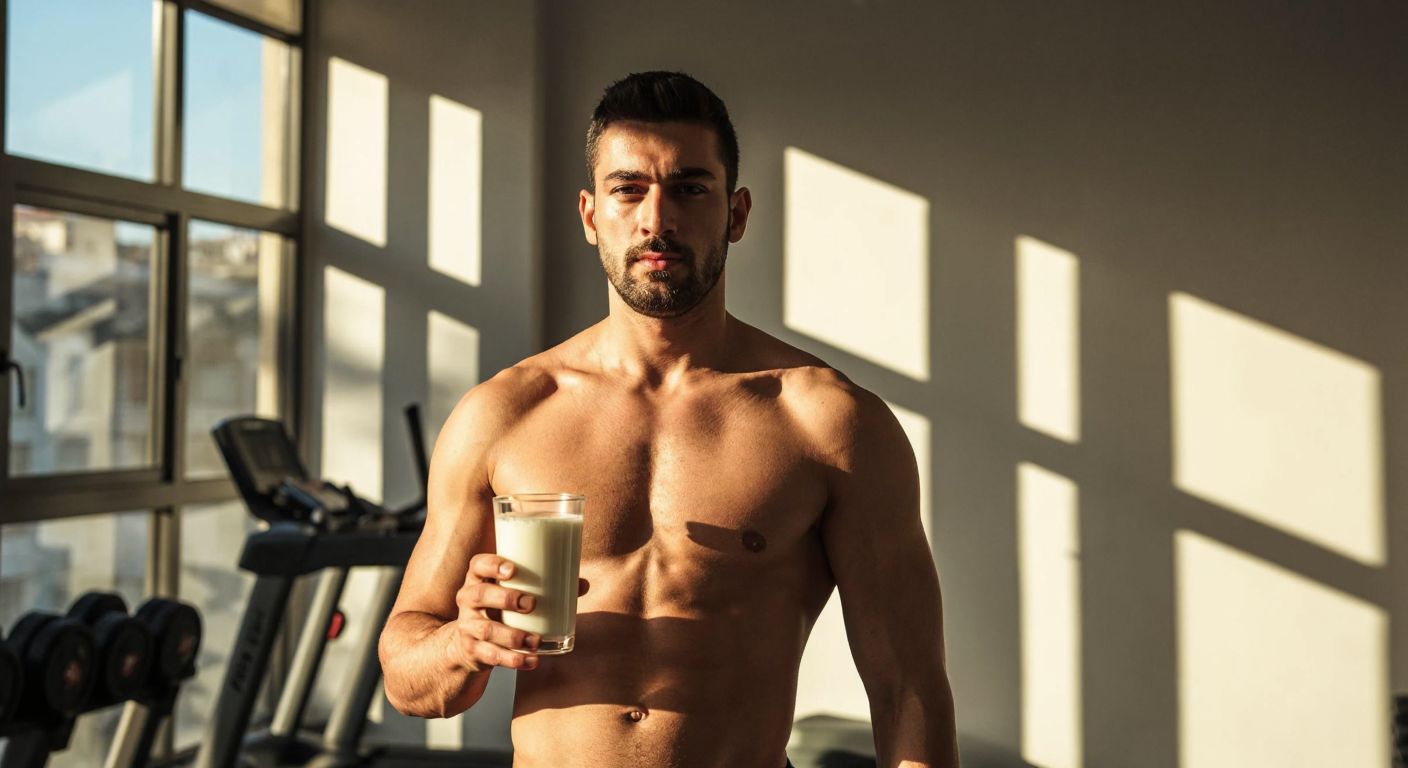 A muscular Turkish athlete in a gym, holding a glass of İçim Fit milk, with sunlight streaming through the window onto his determined face and toned arms.