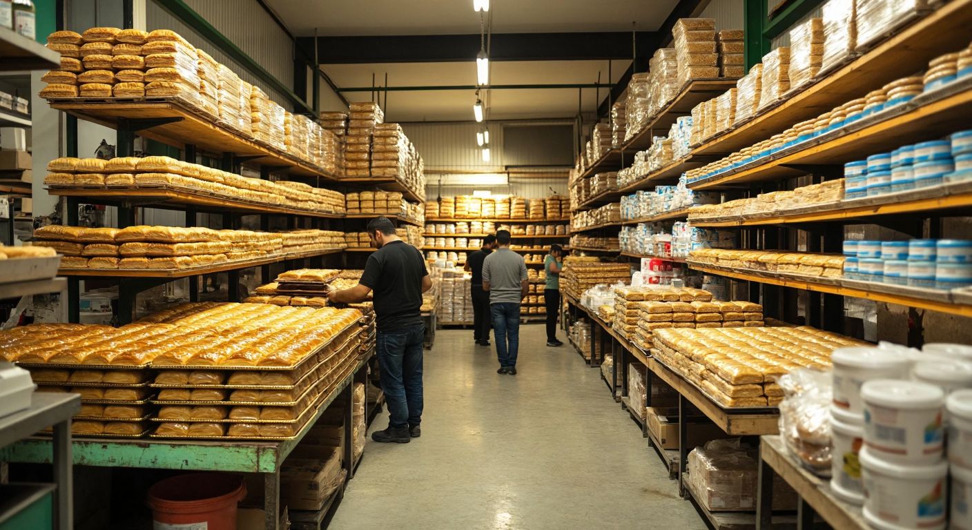 A bustling Turkish bakery in Yalova with golden baklava trays stacked high, alongside a busy Ankara warehouse filled with neatly arranged wholesale food and cleaning supplies.
