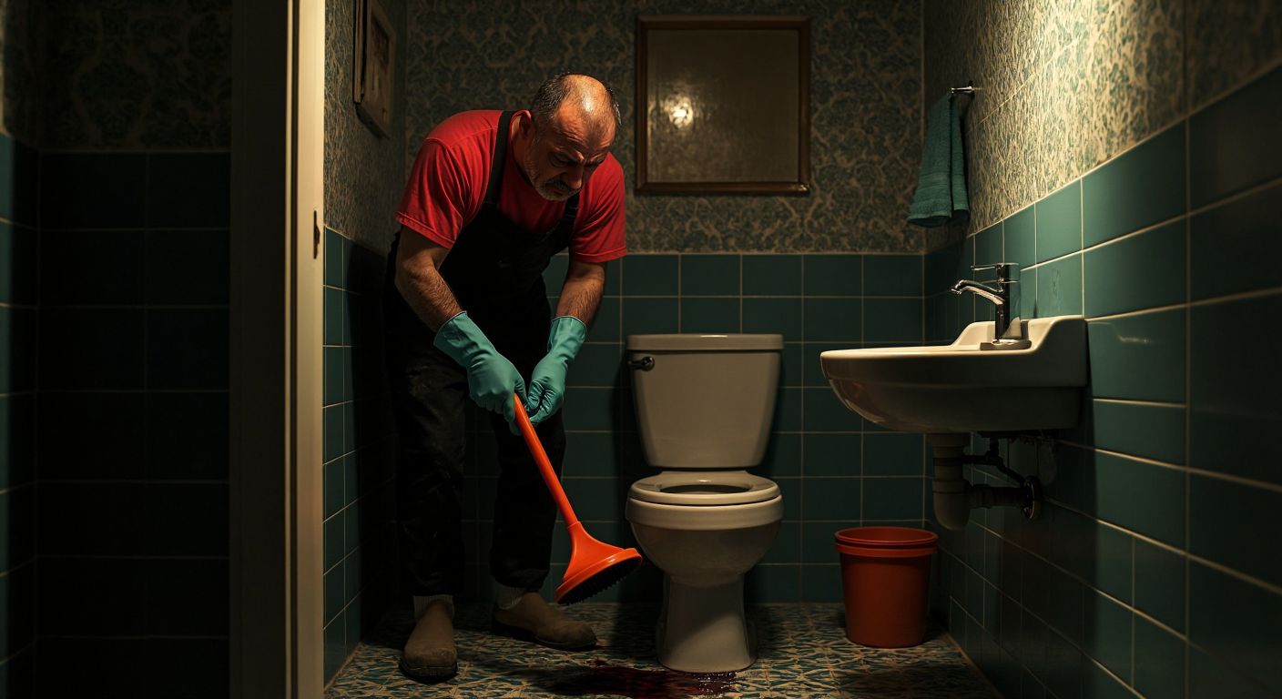 A frustrated person in a dimly lit Turkish bathroom, wearing rubber gloves and holding a plunger, standing beside a clogged toilet with a faint foul odor implied by their wrinkled nose.