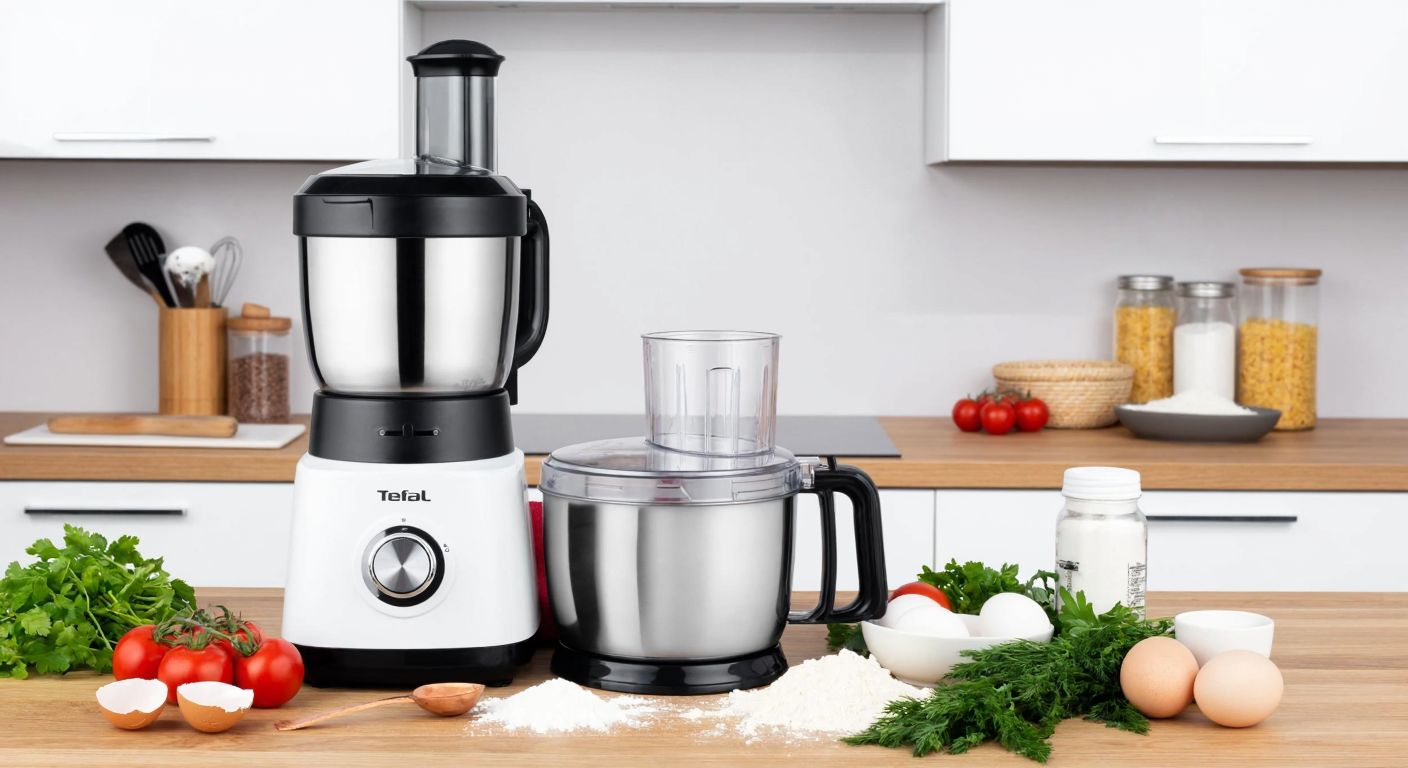 A modern Turkish kitchen with a sleek Tefal Mastermix handheld mixer resting beside a versatile Tefal Masterchef food processor, surrounded by fresh ingredients like flour, eggs, and herbs, evoking efficiency and culinary creativity.