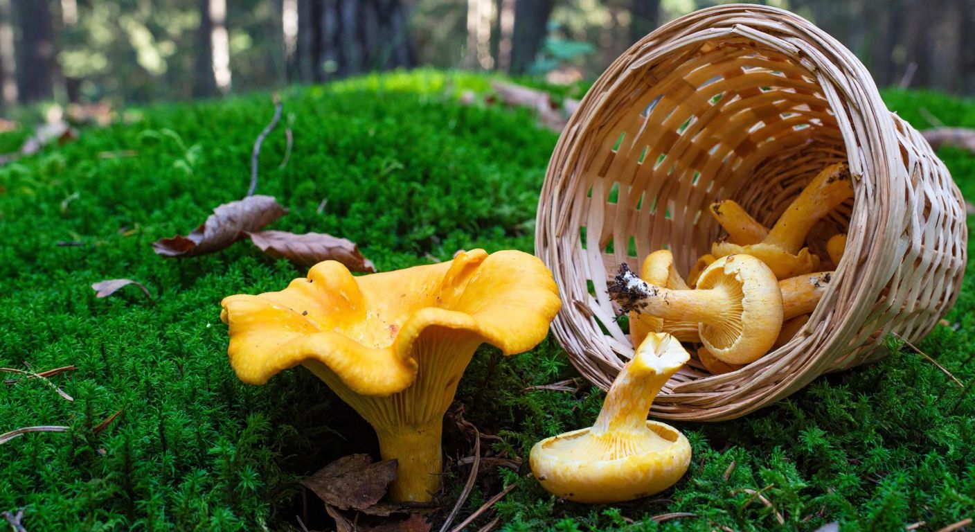 A vibrant golden-yellow Cantharellus cibarius mushroom nestled among green moss in a sunlit Turkish forest, with a woven basket nearby filled with freshly picked mushrooms.