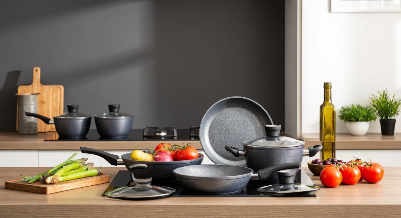 A modern Turkish kitchen counter displaying a sleek three-piece Karaca Bio Granit Dide cookware set in muted tones, arranged neatly beside fresh vegetables and olive oil.