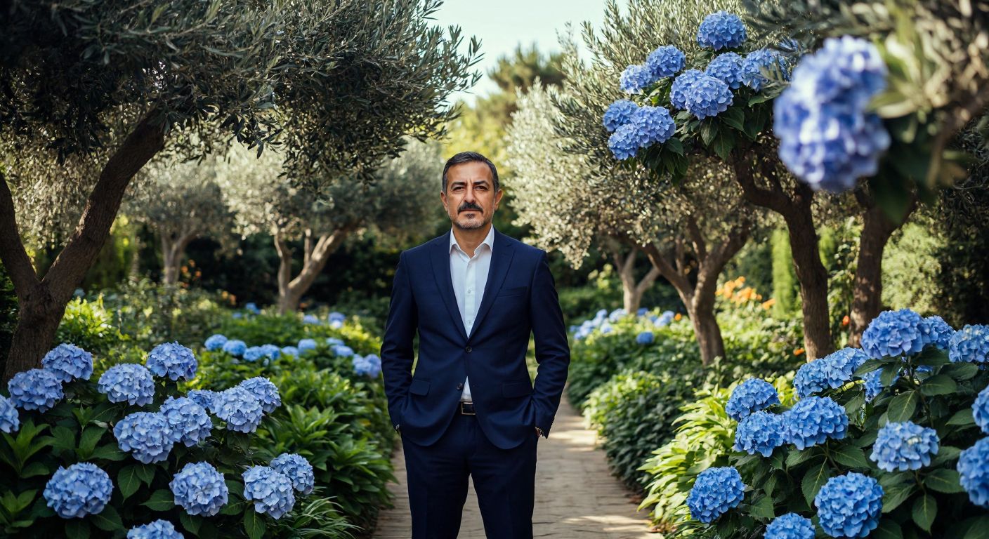 A middle-aged Turkish man in a crisp navy suit stands confidently in a lush botanical garden, surrounded by vibrant blue hydrangeas and olive trees, symbolizing ownership and nature.