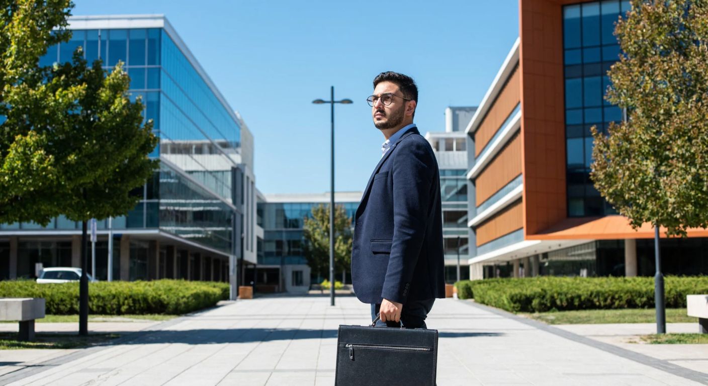 A thoughtful Turkish academician in a blazer stands at a crossroads between a university campus and a modern office building, holding a briefcase and looking contemplative.