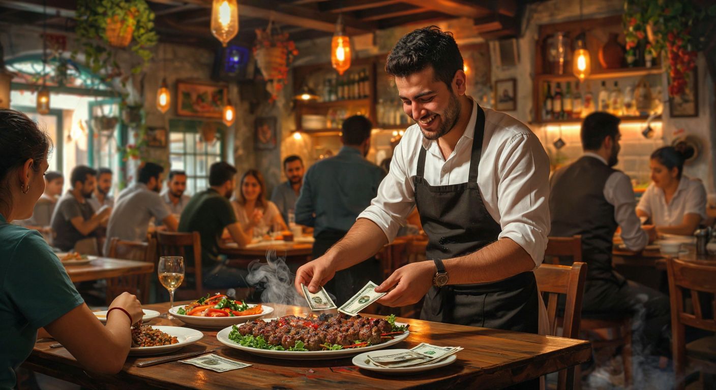 A smiling waiter in a bustling Turkish restaurant setting down a steaming plate of kebabs while a customer discreetly slides a few lira bills across the wooden table.