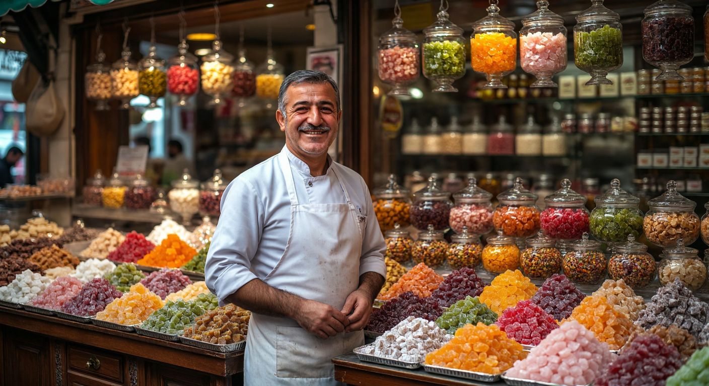 A smiling middle-aged Turkish man in a white apron stands proudly in a bustling Konya sweetshop, surrounded by colorful trays of lokum and baklava, with warm golden light reflecting off glass jars filled with assorted candies.