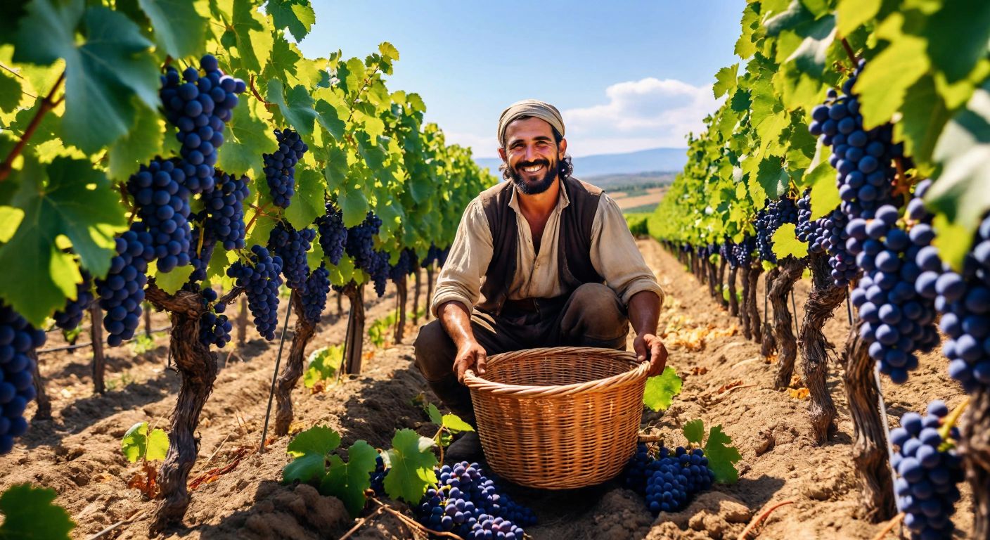 A sunlit vineyard in Erbaa, Turkey, with rows of lush Narince grapevines heavy with ripe purple clusters, and a smiling farmer in traditional clothing carefully harvesting them into a woven basket.