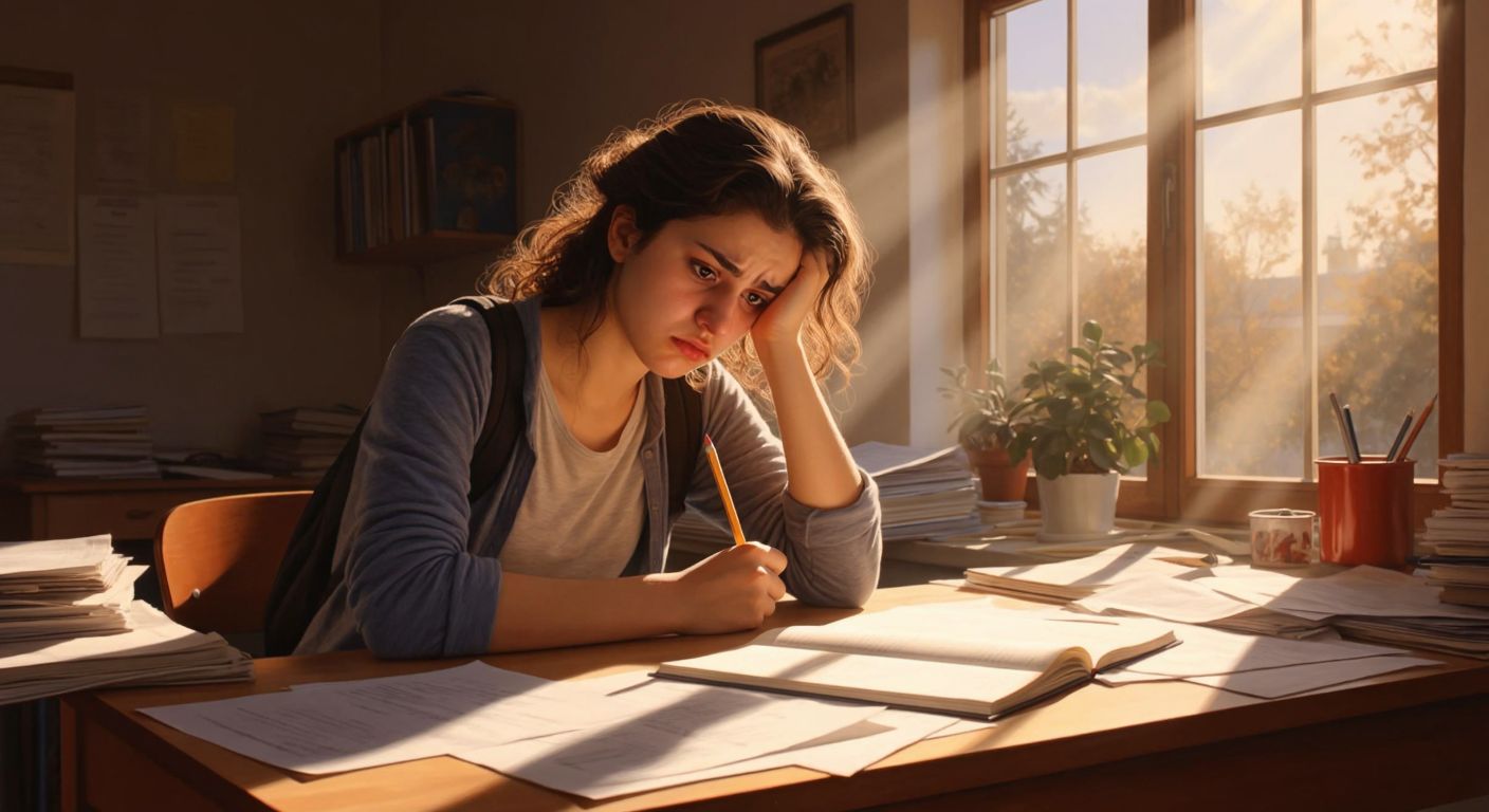 A determined Turkish student sits at a wooden desk in a sunlit room, surrounded by scattered study papers and a pencil, anxiously gripping their exam results with furrowed brows.