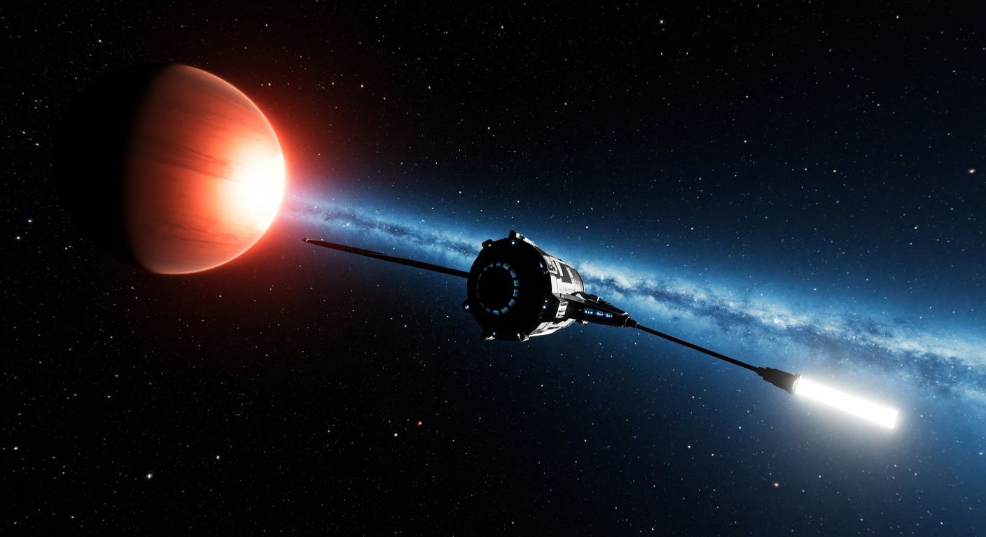 A futuristic nano-spacecraft gliding through a starry void toward a distant red dwarf star, with a rocky exoplanet faintly illuminated in its orbit, evoking curiosity and wonder.